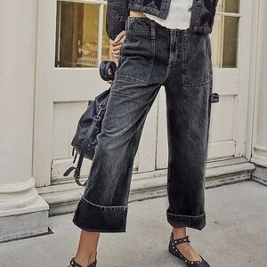 Jeans by FREE PEOPLE Major Leagues Mid-Rise Cuffed Jeans Washed Black NWT